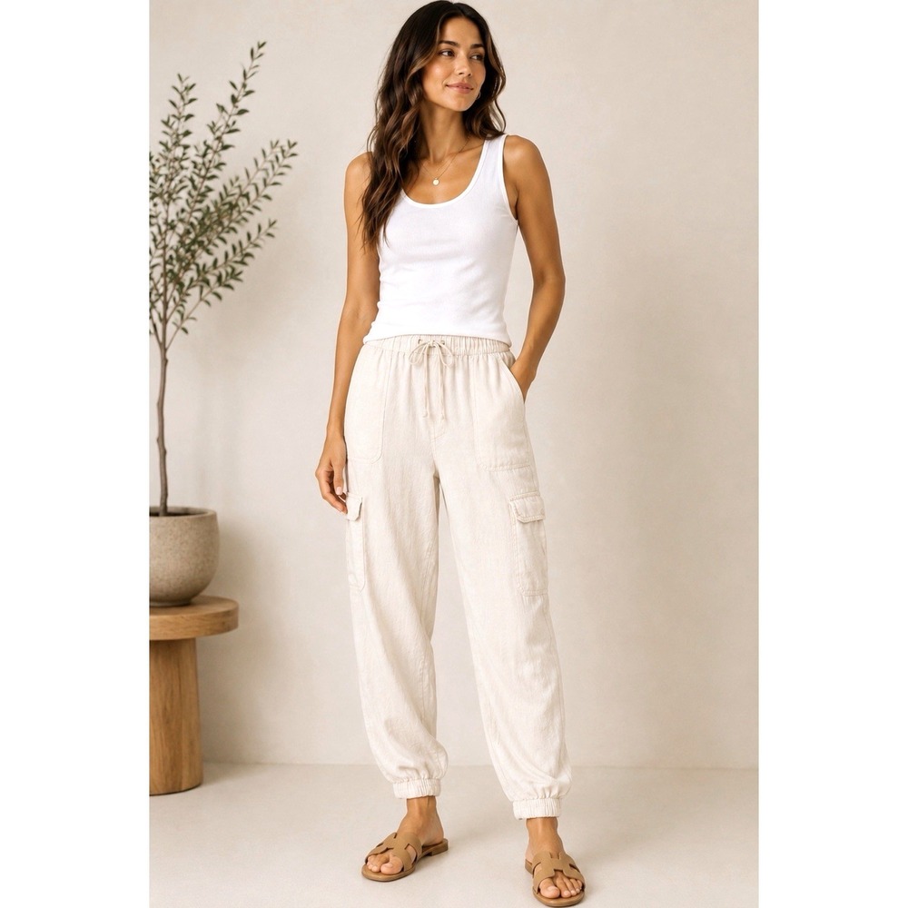 Nicole Miller 100% Linen Cargo Jogger Pants Lightweight SZ XL